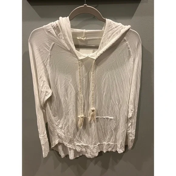 POL Hoodie Rope Drawstring White Pullover Top Whimsical Sleeve Women's Size: S - Picture 1 of 6